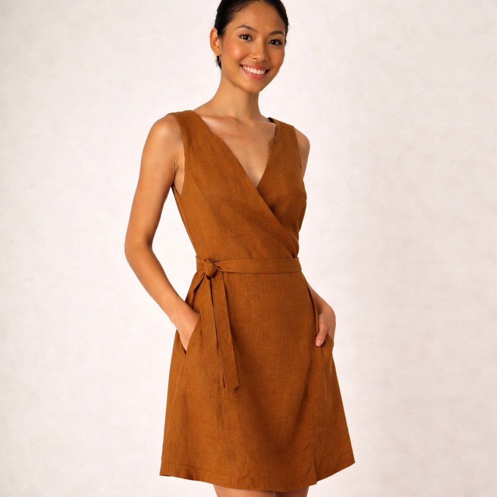 ADAY Wind Down Wrap Dress Cinnamon Linen Blend Sleeveless XS Pockets NWOT